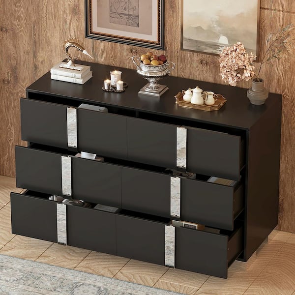 Harper & Bright Designs Elegant Black 6-Drawer 47.2 in. Wide Dresser with  Handle Mirrored Storage Cabinet LHC113AAB