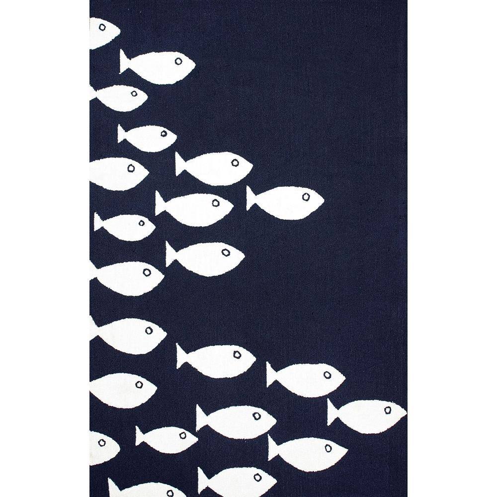Navy and White Synthetic Fish Pattern Indoor/Outdoor Rug, 2x4 Feet