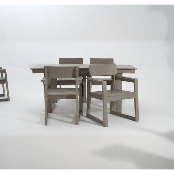 5-Piece HDPE Outdoor Dining Conversation Sectional Sofa Set, 69 in. L Rectangular Table with Umbrella Hole, Wood