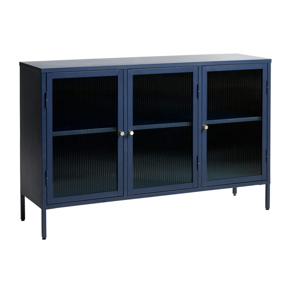 Blue Metal and Glass 3-Door Sideboard with Golden Handles