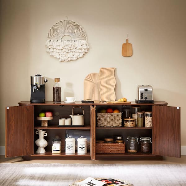 Astrid 64 in. W Walnut Wood Buffet Sideboard Cabinet with Wavy Pattern, Adjustable Shelves