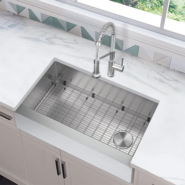 Professional Zero Radius 33 in. Apron-Front Single Bowl 16 Gauge Stainless Steel Workstation Kitchen Sink with Faucet