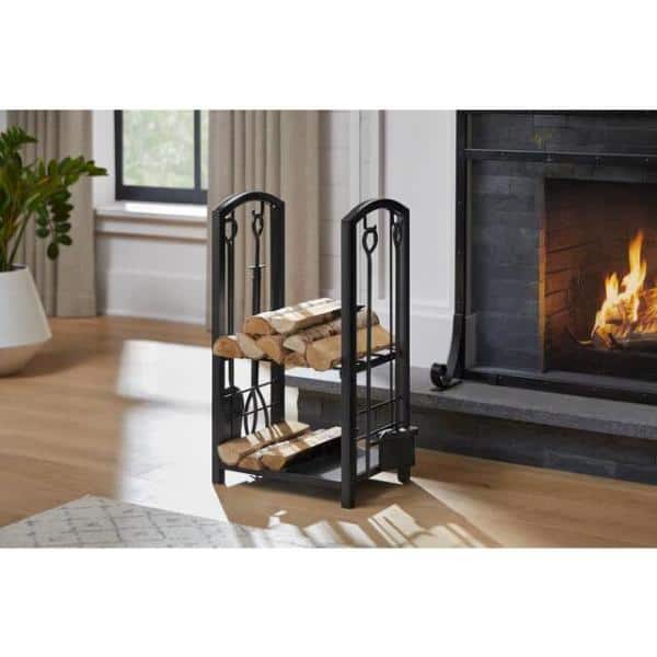 PRIVATE BRAND UNBRANDED 16 in. Black Metal Firewood Rack with Tool Set