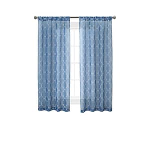 Selena Blue Faux Linen Sheer Rod Pocket Tiebacks Curtain 38 in. W x 63 in. L (2-Panels)
