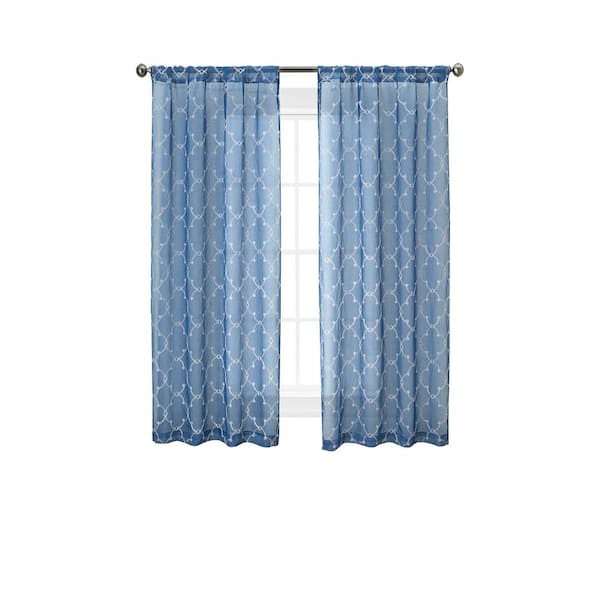 CREATIVE HOME IDEAS Selena Blue Faux Linen Sheer Rod Pocket Tiebacks Curtain 38 in. W x 63 in. L (2-Panels)