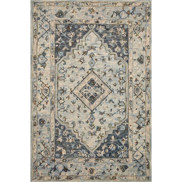 LOLOI II Beatty Lt. Blue/Blue 3 ft. 6 in. x 5 ft. 6 in. Shabby-Chic Floral 100% Wool Area Rug