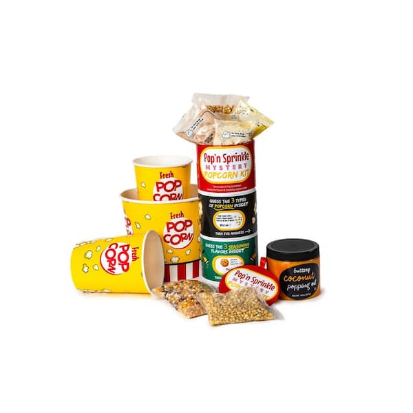 Wabash Valley Farms Mystery Movie Night Popcorn Kit 5-Piece Popcorn, Seasonings, Popping Oil, and Tubs Popcorn Set