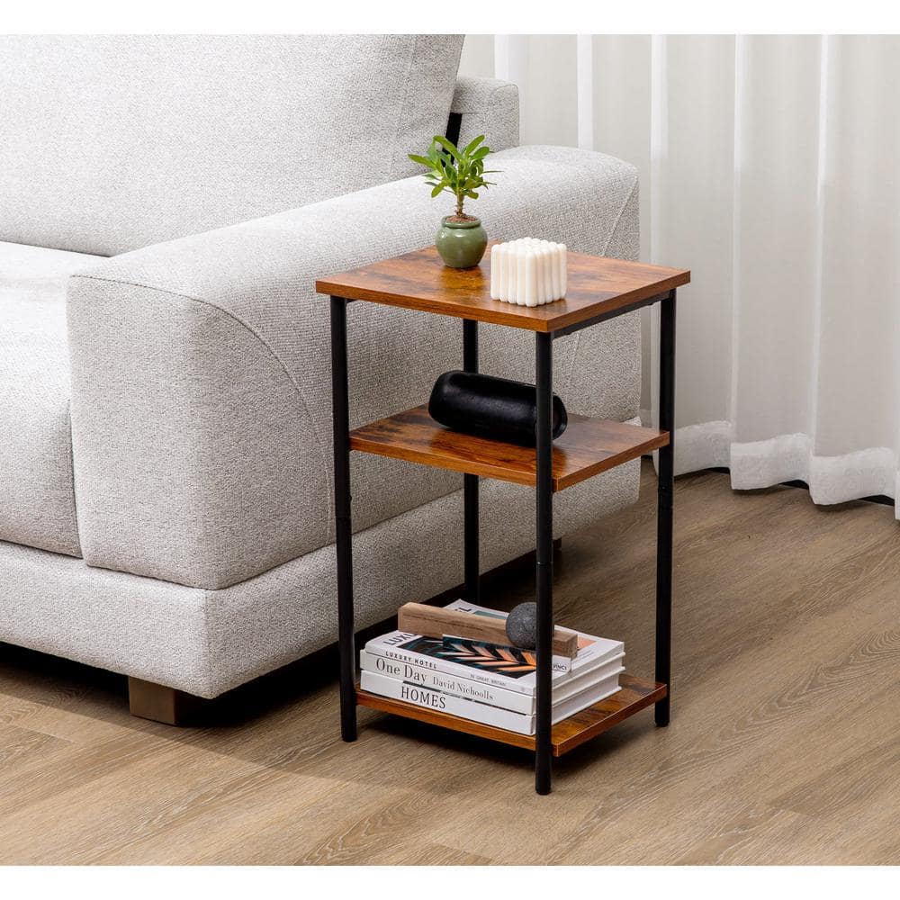 31 in. 3-Tier Wood Brown End Table Side Table with Adjustable Feet, Small N