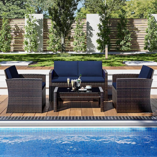 Esunny 4-Piece Outdoor Wicker Patio Conversation Set Furniture Set Chat Set with Dark Blue Cushions