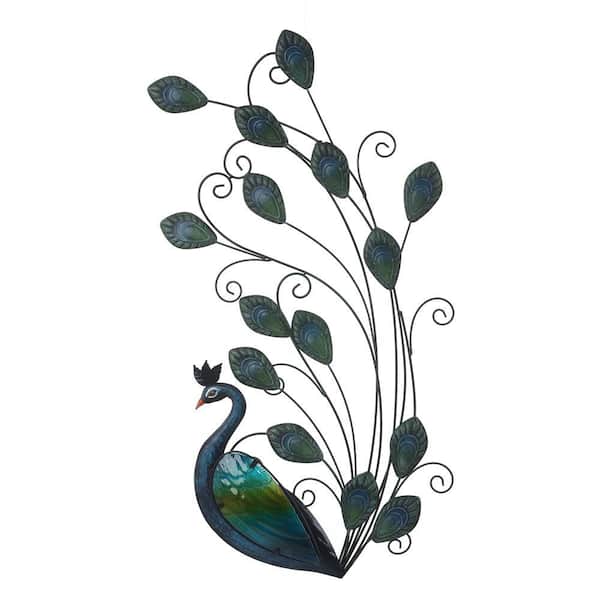 LuxenHome 29. in. H Peacock Metal and Glass Outdoor Wall Decor WHAO1522 ...