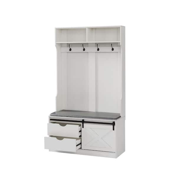 TONYA HOME INC White Hall Tree with Storage Shoe Bench for Entryway, 3-in-1 Design Coat Racks w/4 Hooks and Shelves