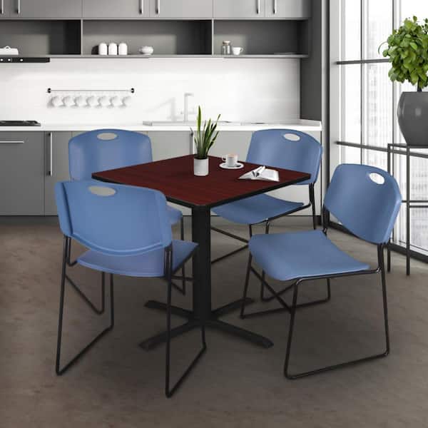 Cain 36 in. Mahogany Square X-Base Breakroom Table Desk and 4 Zeng Stack Chairs-Blue