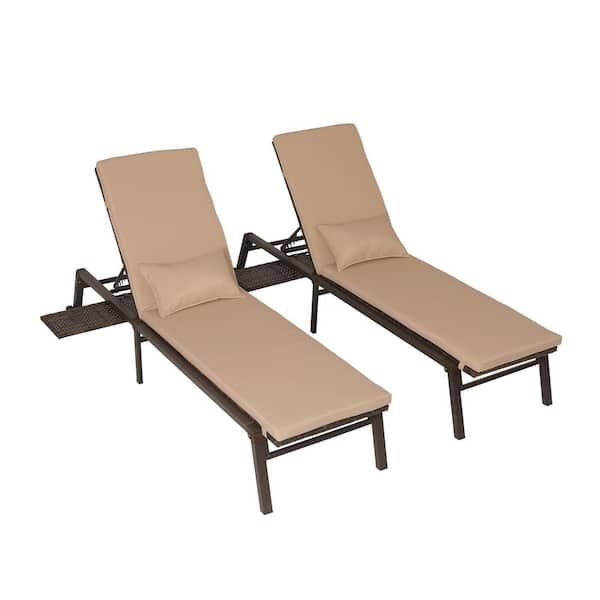 Zeus & Ruta Brown Metal Outdoor Chaise Lounge, Patio Folding Chair Adjustable Backrest 5 Position with Khaki Cushions Set of 2