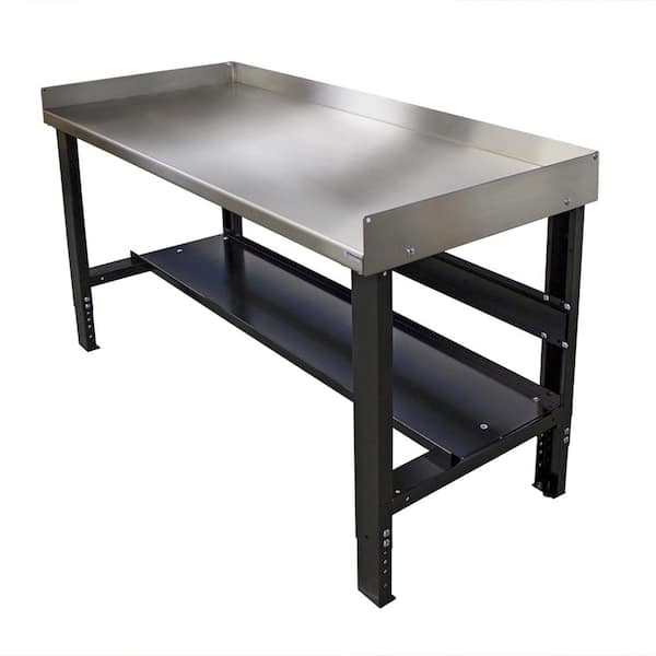 Borroughs 2 ft. 4 in. x 5 ft. Adjustable Height Workbench with Stainless Steel Top and Bottom Shelf, Built-in Back and Side Guards