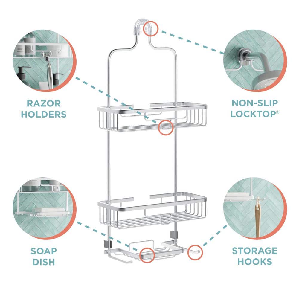 Large Satin Nickel Over-the-Shower Caddy with 2 Shelves
