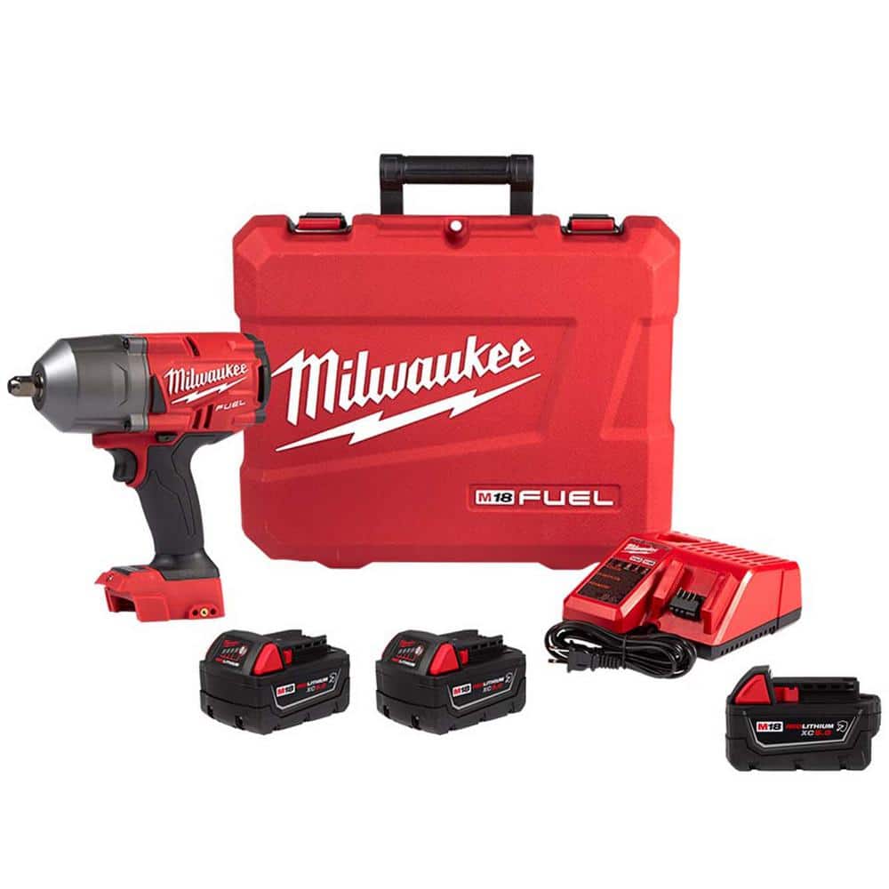 Milwaukee M18 FUEL 18V Lithium-Ion Brushless Cordless 1/2 in. High-Torque Impact Wrench w/P Detent Kit, (3) Resistant Batteries -  2766-22R-4