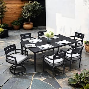 Ember Black 7-Piece Aluminum Outdoor Dining Set, Patio Dining Chairs and Table Set with Umbrella Hole and Beige Cushion