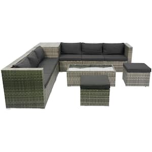 8 Piece Patio Wicker Outdoor Sectional Rattan Furniture Sofa Set with One Storage Box Under Seat and Black Cushion