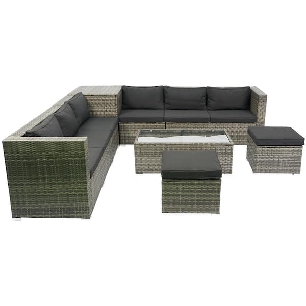 Unbranded 8 Piece Patio Wicker Outdoor Sectional Rattan Furniture Sofa Set with One Storage Box Under Seat and Black Cushion
