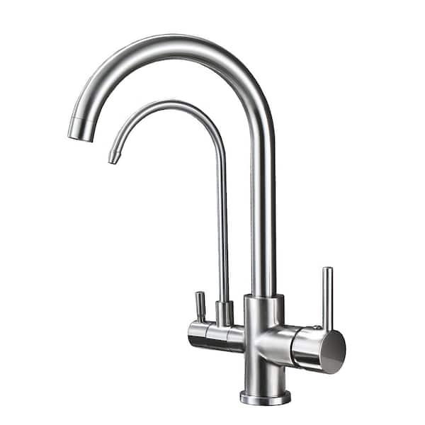 15 in. H Dual Handle Deck Mount Dual Spout Standard Kitchen Faucet with Water Purification in Brushed Nickel