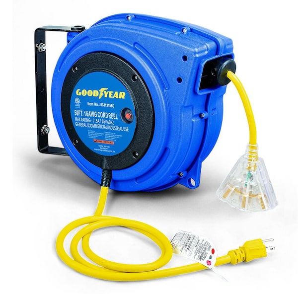 50 ft. 16/3 10 Amp Retractable Extension Cord Reel with 3-Grounded Outlets and Tri-Tap End