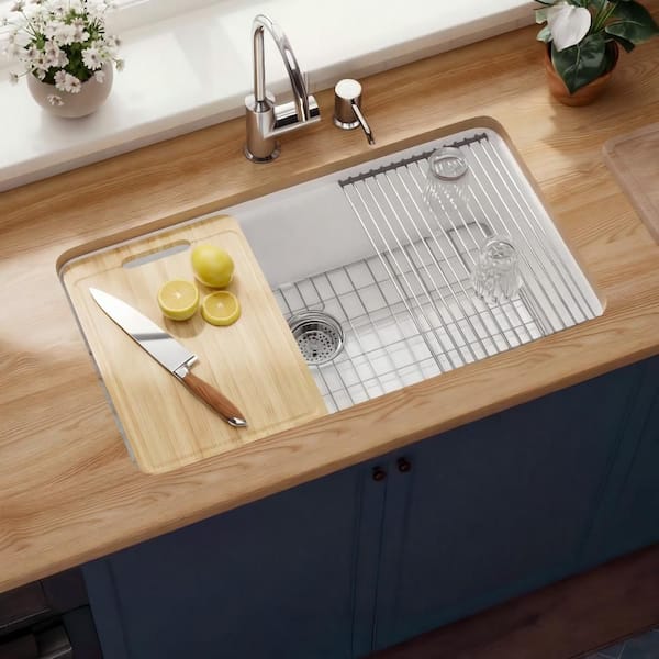 Workstation Kitchen Sink 33 in. Drop-In Single Bowl White Fireclay Kitchen Sink with Cutting-Board and Bottom Grid Drain