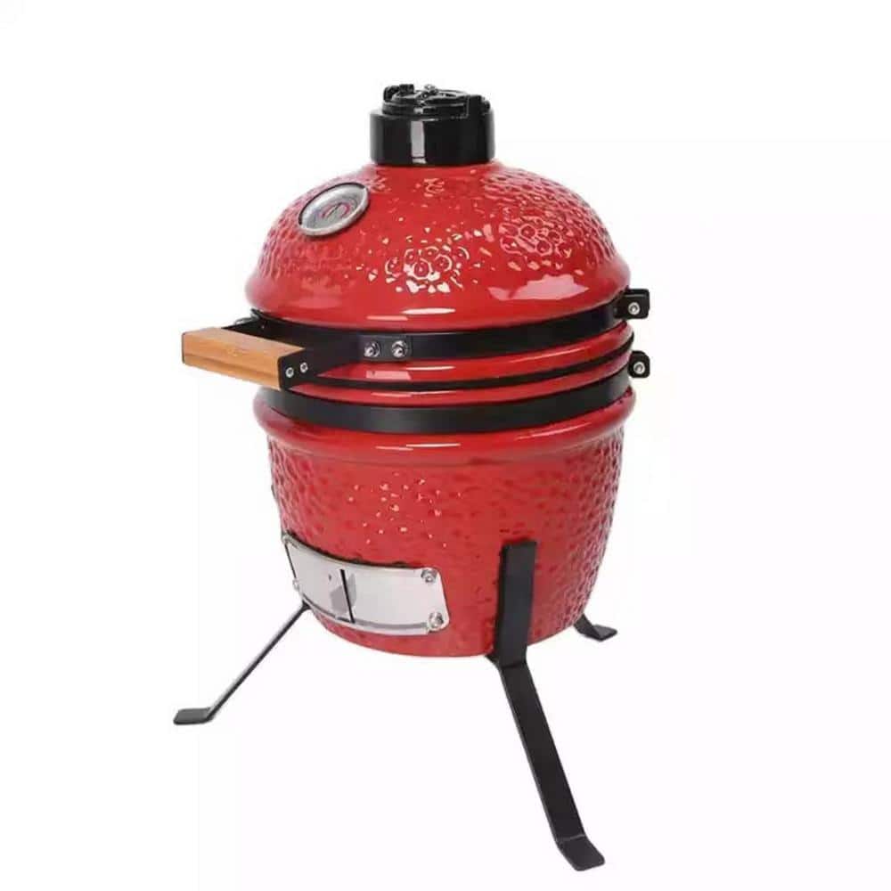 13 in. Kamado Ceramic Charcoal Grill in Red With Cover