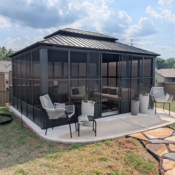 12ft.x16ft. Sunroom Hardtop Gazebo Solarium Galvanized Steel Double Roof Aluminum PC Mesh Screen House for Backyard Gray