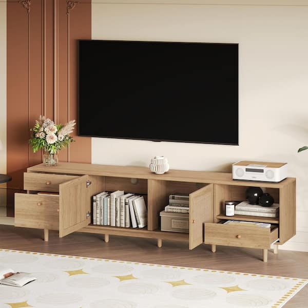 Sinclair Boho Natural TV Stand Fits TVs up to 85 in. with 3 Drawers, 2 Rattan Doors, Open Storage