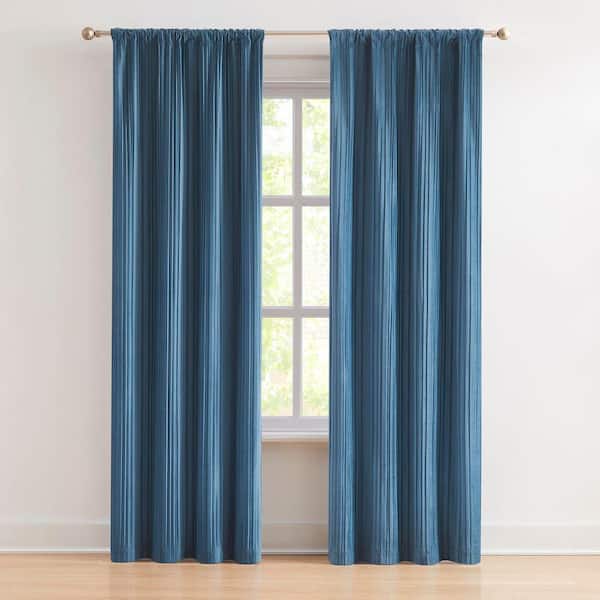 Glam Pleated Blue Velvet 38 in. W x 84 in. L Rod Pocket Light Filtering Curtain (Set of 2)