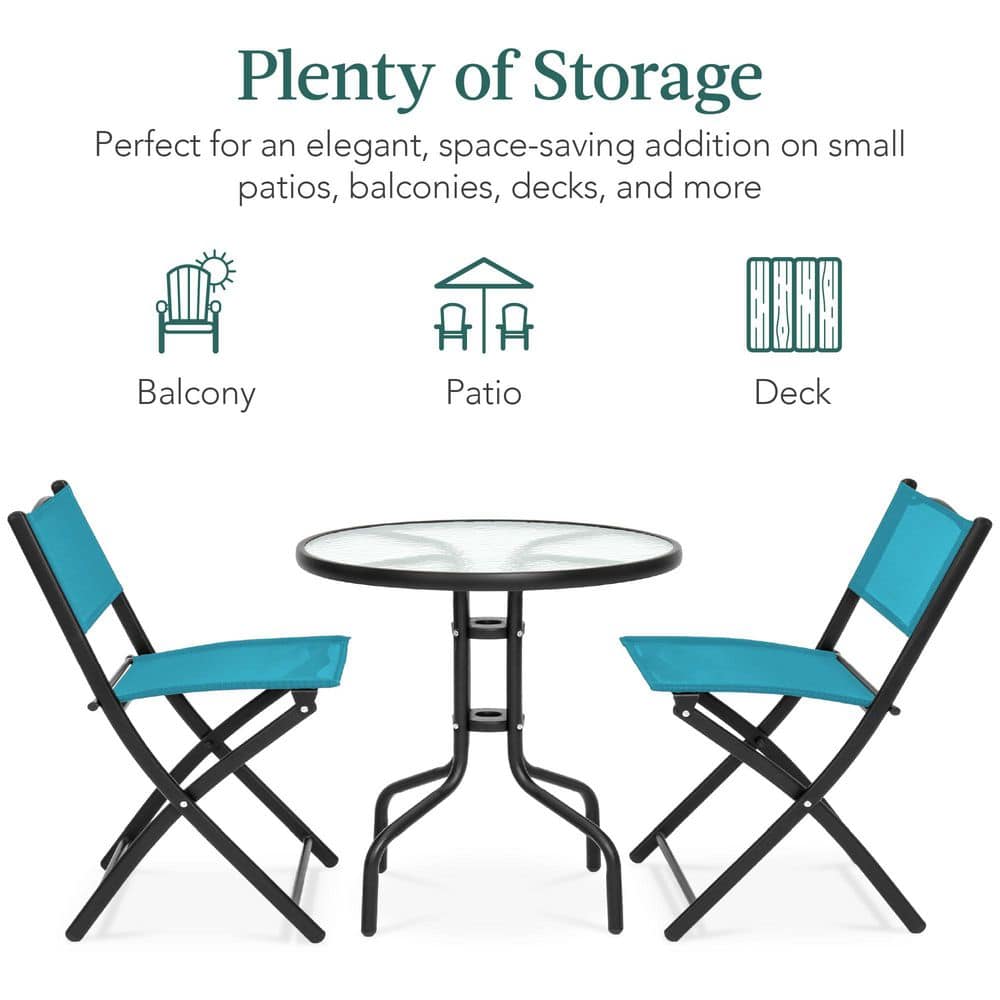 Peacock Blue 3-Piece Patio Bistro Set with Glass Tabletop