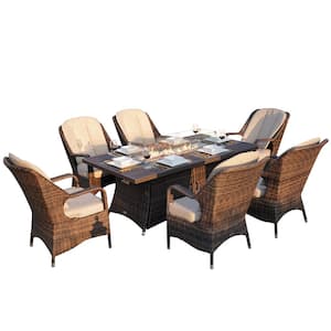 ELLE 7-Pieces Brown Wicker Patio Conversation Set Outdoor Fire Pit Dining Set with Beige Cushions