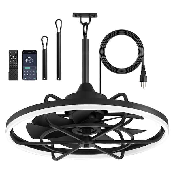 24 in. Outdoor IP65 Wet-rated Black Downrod Mount Caged Ceiling Fans with Lights for Porch with Remote Control andAPP
