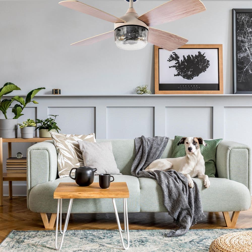 42" Almond and Light Oak Remote-Controlled Ceiling Fan with Lighting
