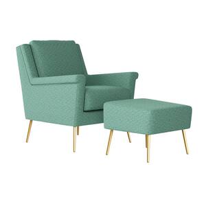 Tyrell Aqua Green Tweed-Like Fabric Mid-Century Modern Arm Chair and Ottoman Set