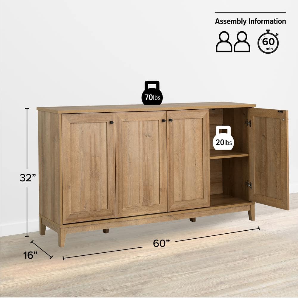 Oak 4-Door Shaker Style Storage Cabinet with Adjustable Shelving