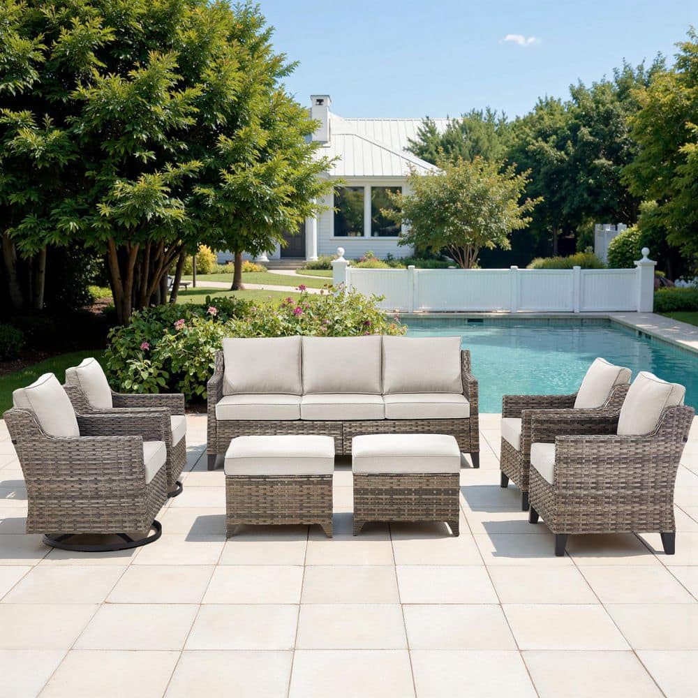 GlideRail Gray Swivel Glider Wicker Patio Conversation Set with Beige Olefin 4 In. Thick Cushions/Couch (7-Piece) price history on PriceWatchPro