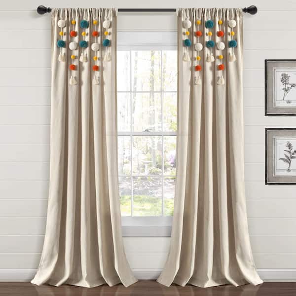 HOMEBOUTIQUE Boho Pom Pom Tassel Linen Window Curtain Panel Turquoise/Orange Single 52X84
