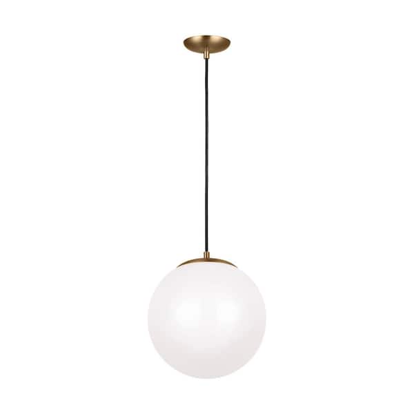 Generation Lighting Leo Hanging Globe 12 in. 14-Watt Integrated LED Satin Brass Pendant with Smooth White Glass Shade
