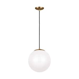 Leo Hanging Globe 12 in. 14-Watt Integrated LED Satin Brass Pendant with Smooth White Glass Shade