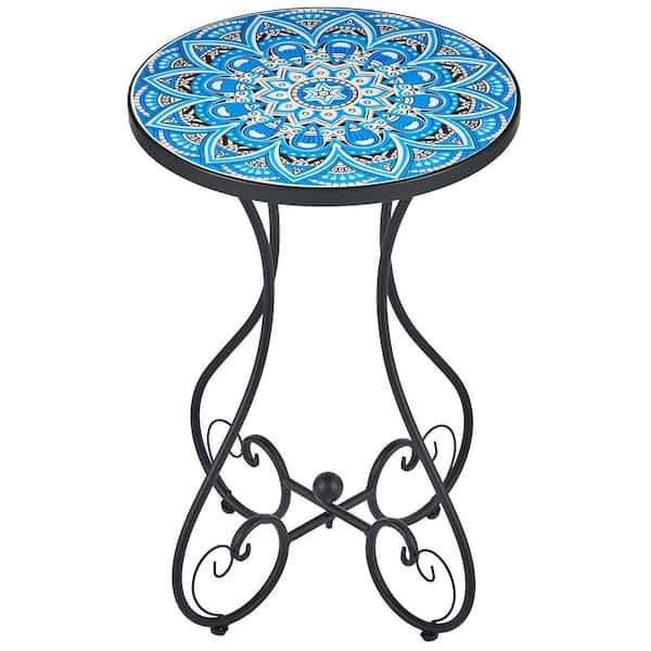 MOEPISY Outdoor Side Table and Mosaic Plant Stand Ceramic Tile Top Peacock