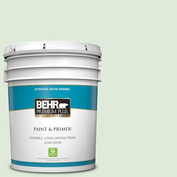 BEHR PREMIUM PLUS 5 gal. #440E-1 Relaxing Green Satin Enamel Low Odor Interior Paint & Primer