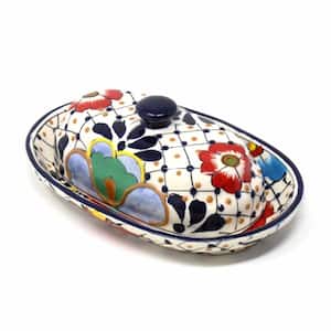 Mexican Pottery Butter Dish Dots and Flowers