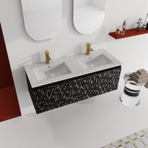 Victoria 48 in. W Wall-Mounted Modern Design Double Sink Bath Vanity with Ceramic Top in White and Cabinet in Black