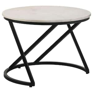 Custom Series 23.75 in. White and Black Round Marble Coffee Table with C Base and Black Metal Finish