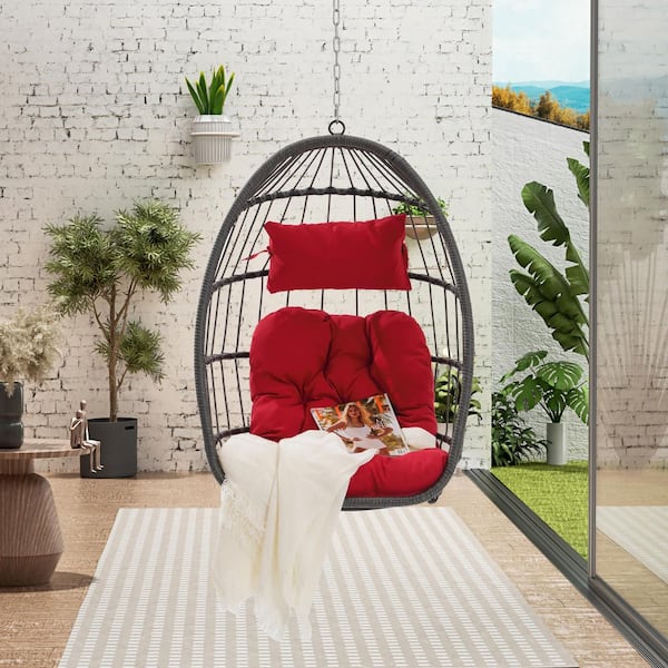 Unbranded Outdoor Garden Rattan Wood Egg Swing Chair Hanging Chair with Red Cushion