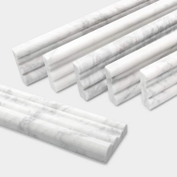 Carrara White Marble Chair Rail Trim – 8-Pack Of 2" X 12" Polished Ogee Edge Tiles For Bathroom