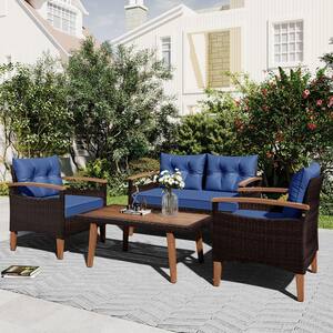 4-Piece Wicker Patio Conversation Seating Set with Blue Cushions-Wood Table and Legs Outdoor