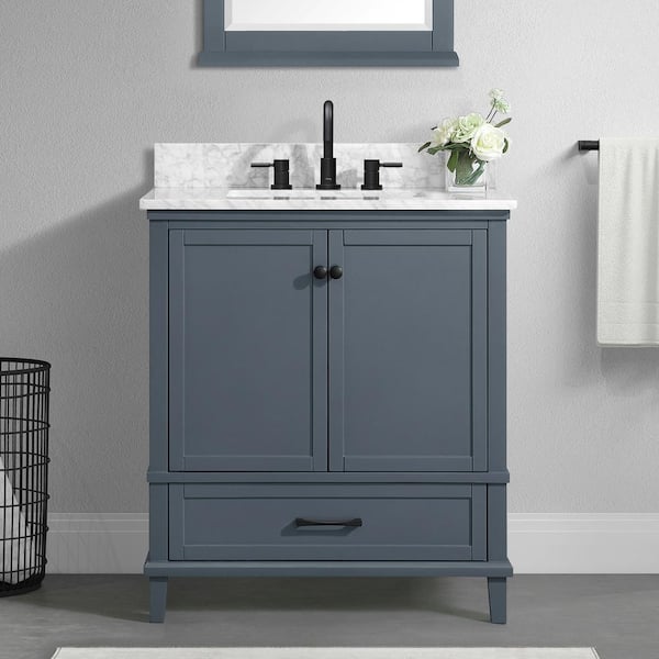 Home Decorators Collection Merryfield 31 in. Single Sink Freestanding Dark Blue-Grey Bath Vanity with White Carrara Marble Top (Assembled)