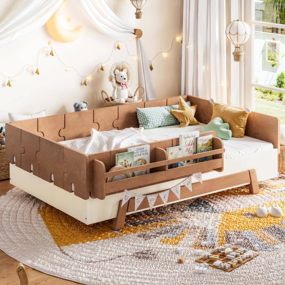 Beige Deep Natural Wood Frame Twin Size Platform Bed with Bookshelves price history on PriceWatchPro